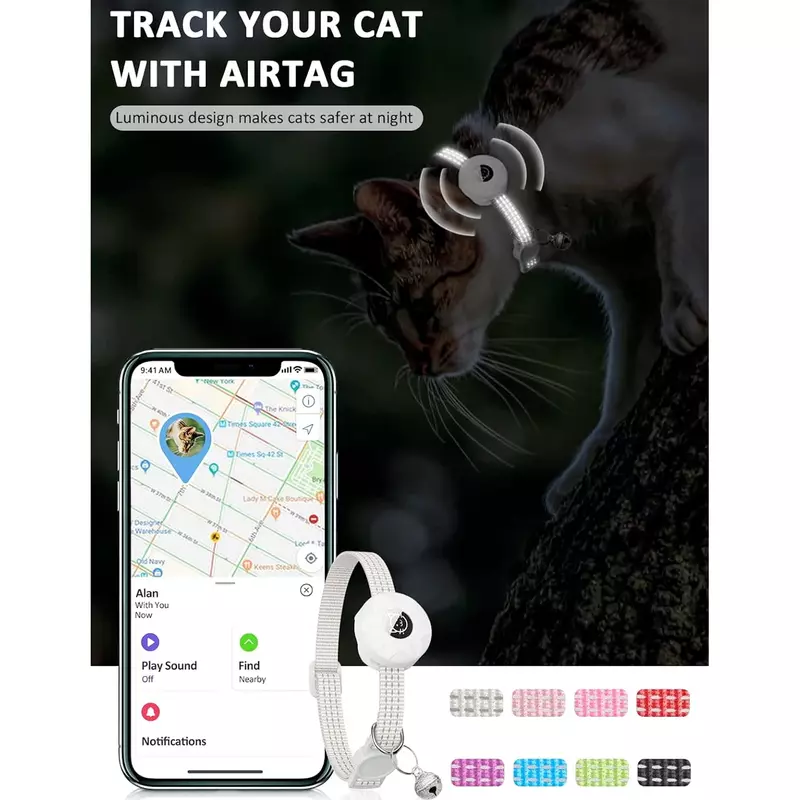 Coleira reflexiva AirTag Pet, AirTag Titular e Bell, Coleira de gatinho GPS para meninas e meninos, Coleira Cat Apple