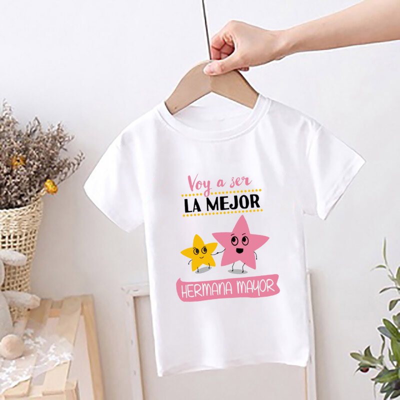 어린이 스페인어 프린트 2024 티셔츠, 큰 언니, 형제로 승진, 아기 발표, 여름 옷