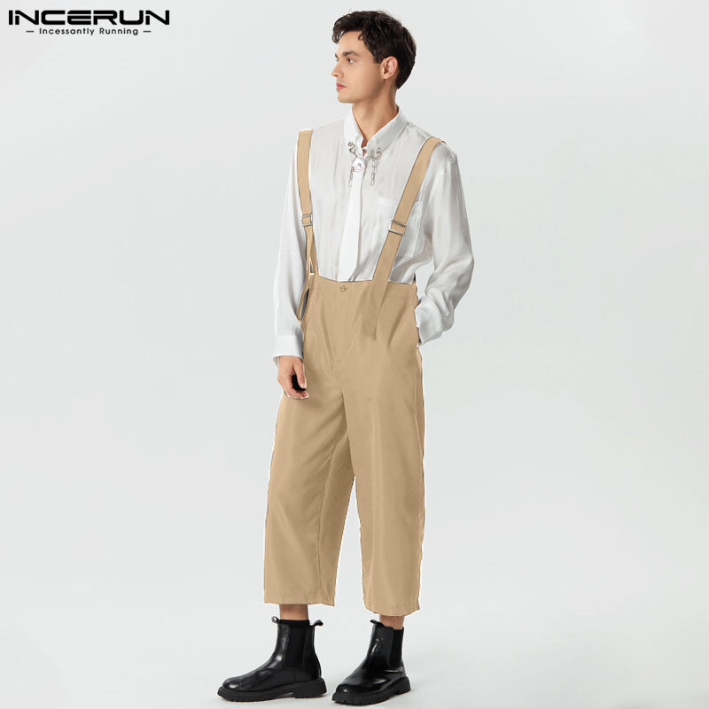 2024 męskie kombinezony jednokolorowe spodnie z wysokim stanem Streetwear na co dzień męskie pajacyki luźna moda paski kombinezony INCERUN