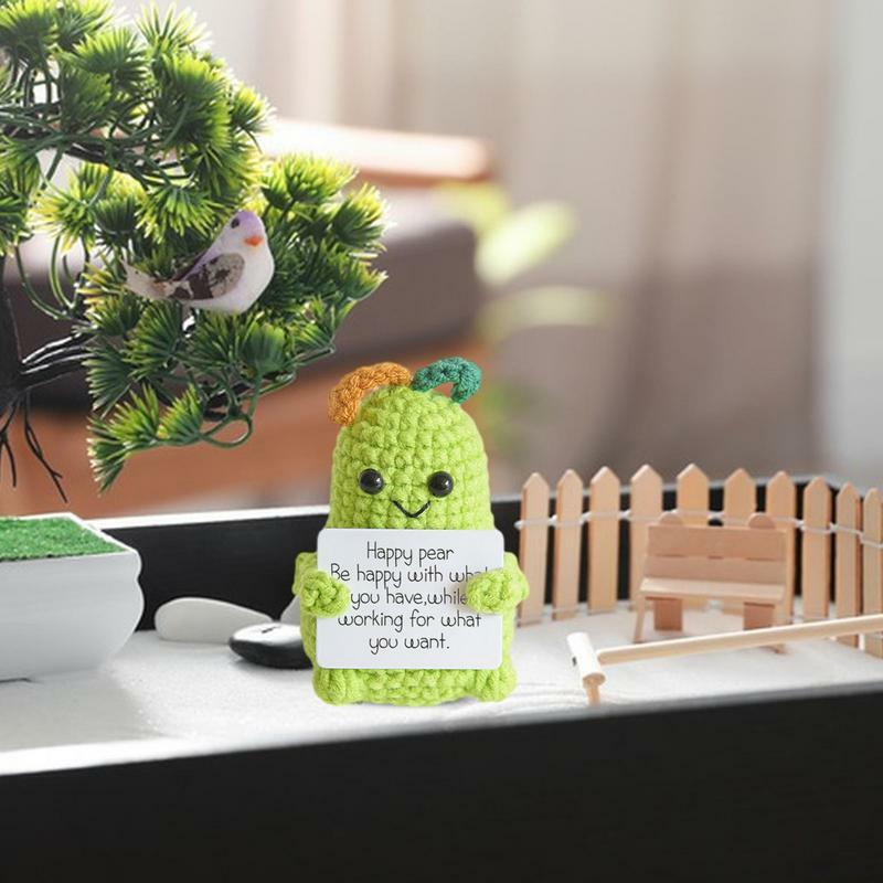 Boneka rajut positif buah Crochet lucu patung rajutan inspirasional dengan kartu buatan tangan boneka dan tanaman mewah ornamen meja