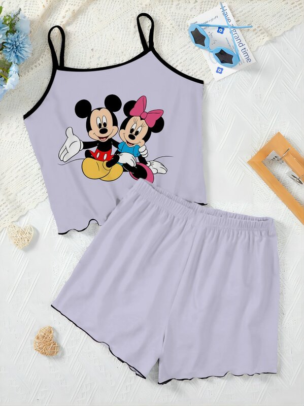 Disney-Conjunto superior elegante de Minnie Mouse feminino, saia do pijama Mickey, vestido deslizante, camiseta, peças de guarnição, terno curto