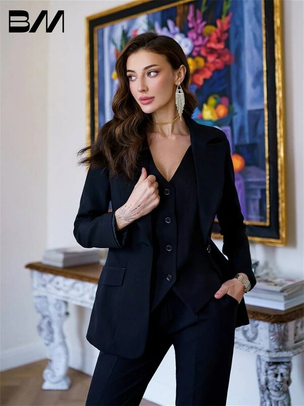 Классический черный женский весенний новый модный профессиональный костюм, подходящий комплект, простые повседневные блейзеры и брюки, Женская одежда из двух предметов