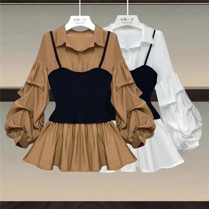 Blusa informal de manga larga con volantes para mujer, camisa elegante de dos piezas para oficina, Moda de Primavera y otoño, Z199