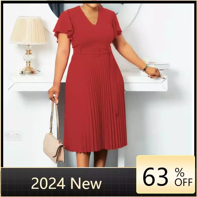 Gaun Midi wanita berlipat padat A-line Vestidos wanita elegan Vintage Vestidos mode Streetwear Pakaian Musim Panas 2024