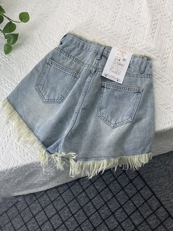 Women's Baggy Denim Shorts Blue High Waist Wide Shorts Harajuku Korean Y2k Casual Tassel A-line Jeans Short Pants Summer 2023