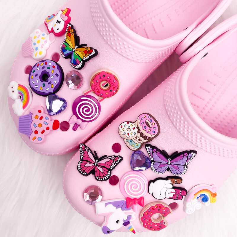 1 buah hiasan sepatu lucu untuk anak perempuan cocok Aksesori Sandal wanita hiasan sepatu pin unicorn donat pelangi hadiah pesta