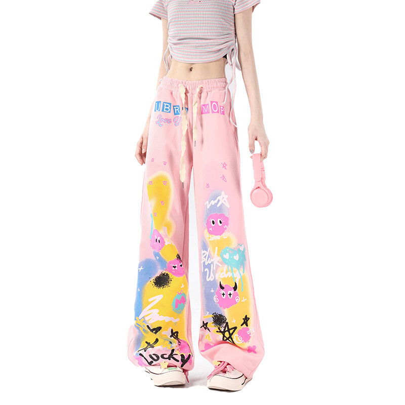 Pantalones informales de grafiti rosa para mujer, pantalones pequeños de dopamina, cintura alta, pierna ancha, ropa de tubo recto, Verano