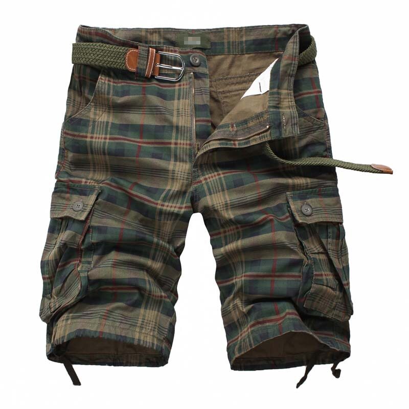 2024 Spring Summer Men's Cotton Cargo Shorts with Plaid Pattern Knee Length Casual Shorts for Sporty and Fashionable Look