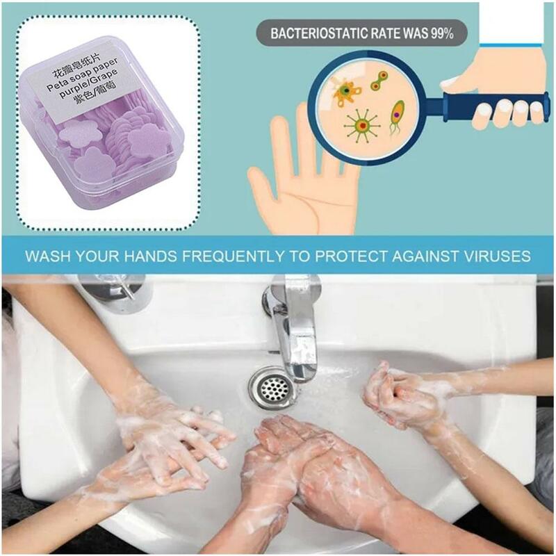 Compresse di sapone usa e getta portatili e portatili per sapone da viaggio carta e sapone petalo di fiori disinfettante per le mani pulizia U6W7