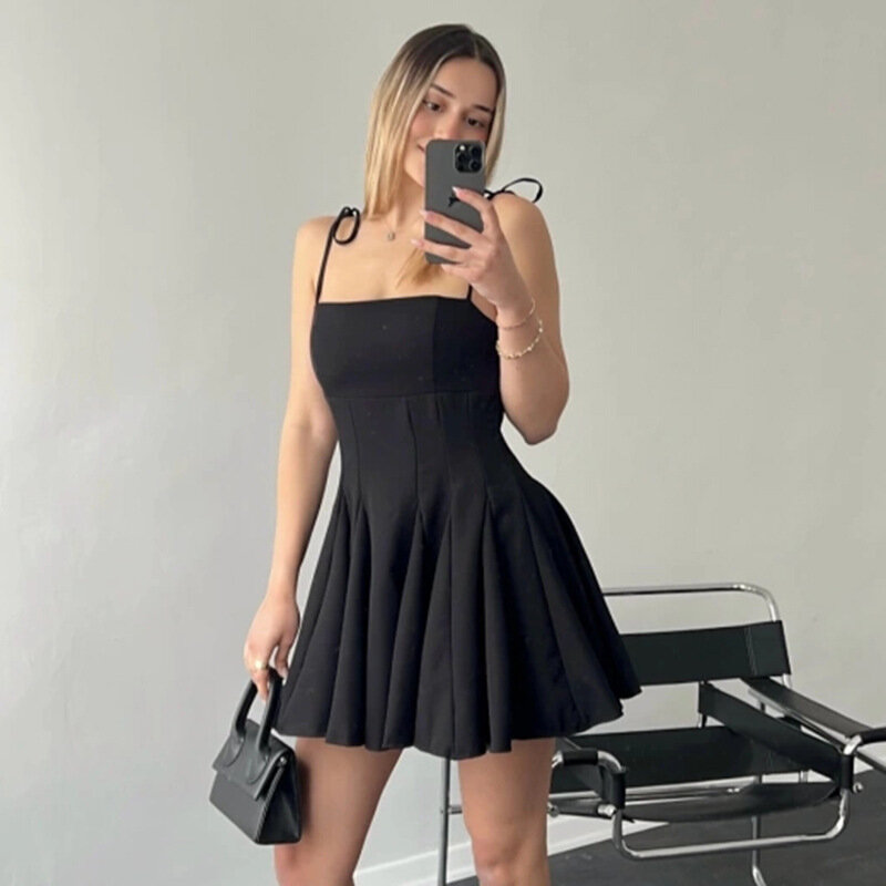 TARUXY Folds Mini Suspender Dress For Women Lace Up Sleeveless Birthday Club Party Dress Solid Patchwork Female Elegant Summer