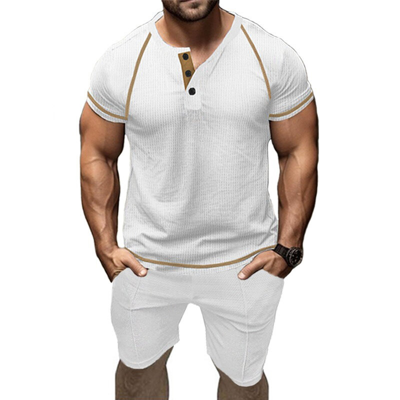 Мужская футболка с коротким рукавом, повседневные шорты из полиэстера, небольшие эластичные, с цветными блоками, цвет черный, лето