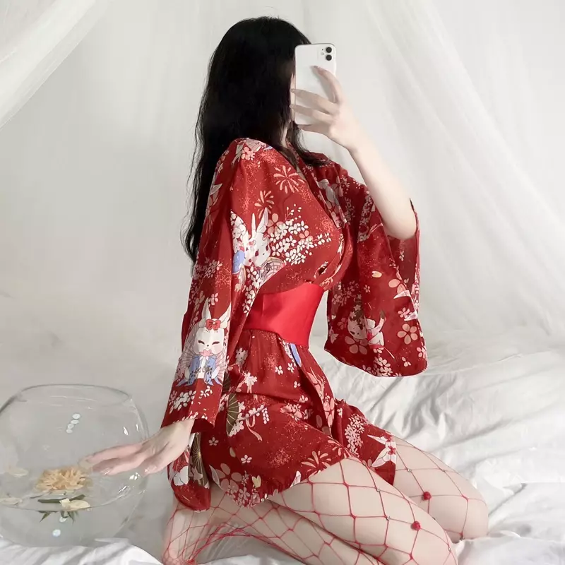 Japanische Kimono Uniform Cosplay sexy Dessous Outfit Satin Bogen Hüftgurt mit Robe Versuchung Kostüme Pyjamas Set für Frauen