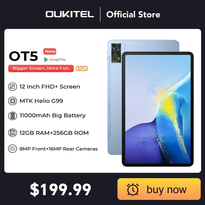 Oukitel OT5 планшет с 12-дюймовым дисплеем, процессором MTK Helio G99, ОЗУ 12 Гб, ПЗУ 256 ГБ, 11000 мАч, 16 МП