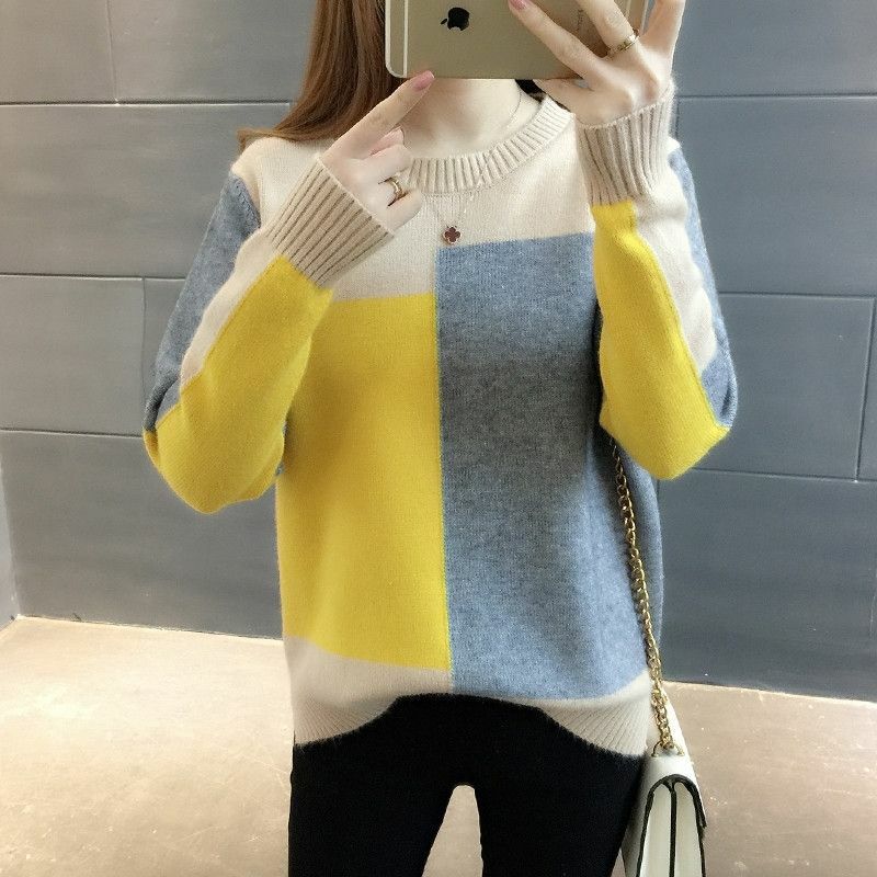 Autumn Winter New Fashion Women Solid Color Block Pullover Sweater Ladies Round Neck Knitted Tops Female Long Sleeve Jumper 2022