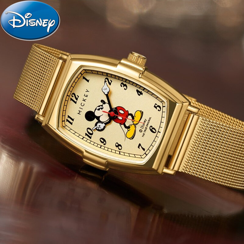 Disney-Reloj de Mickey Mouse con caja, Correa luminosa con forma de barril, de cuarzo, para niño, niña, estudiante, femenino