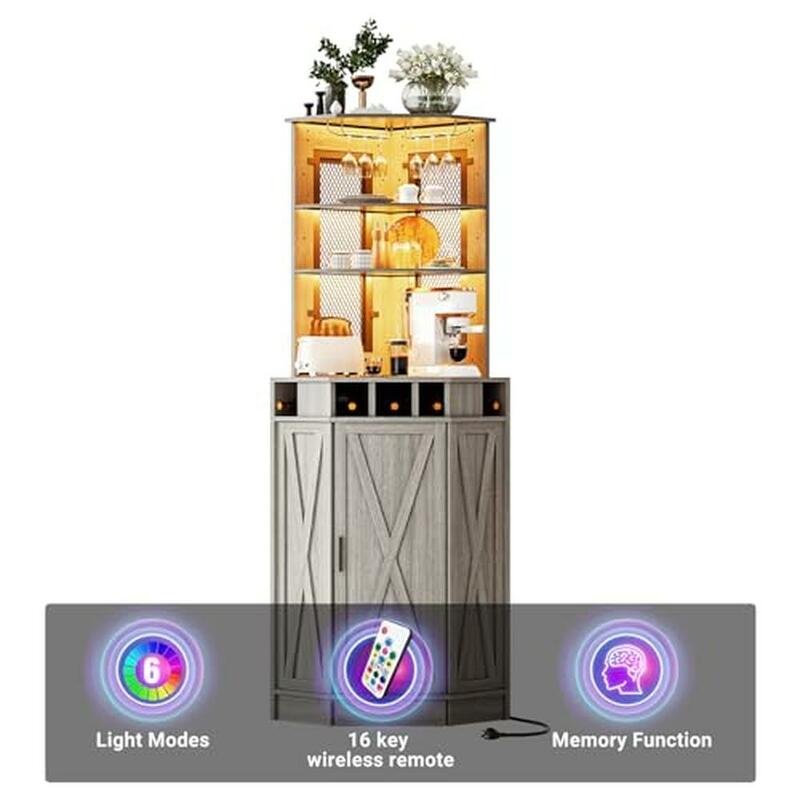 Gabinete esquinero de barra LED RGB con estantes ajustables y estación de carga, almacenamiento de licor de estilo granja, barra de hogar y comedor