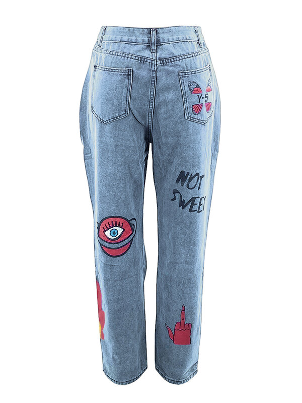 LW Butterfly Letter Print Trendy Denim No Stretch Ripped Solid Jeans Women's Hollow-out Street Skinny Fashion Straight Pants