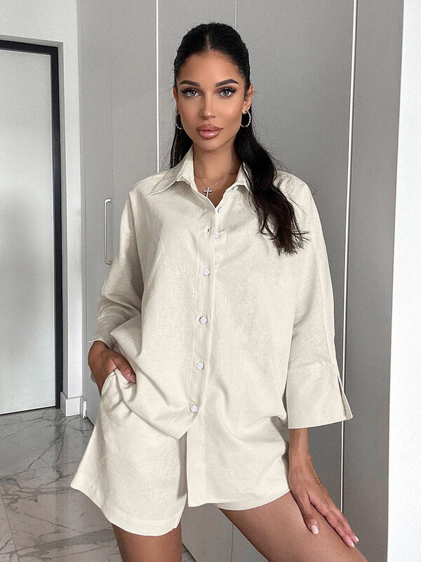 Hiloc 여성용 싱글 브레스티드 잠옷, 턴다운 칼라 투피스 세트, 3 쿼터 소매 잠옷, 2023 캐주얼, 신상