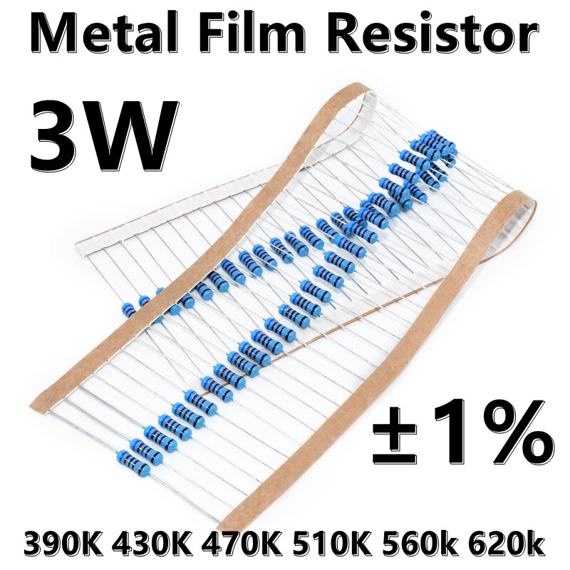 Metal Film Resistor, 3W, 1%, 5 Anel Colorido, Resistor de Precisão, 390K 430K 470K 510K 560K 620K Ohm Ω, 10Pcs
