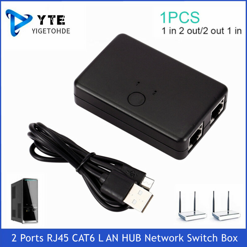YIGETOHDE 2 porty RJ45 CAT6 LAN HUB przełącznik sieciowy pole wyboru do laptopa 2 w 1 na zewnątrz kabel sieciowy Ethernet złącze rozdzielacz