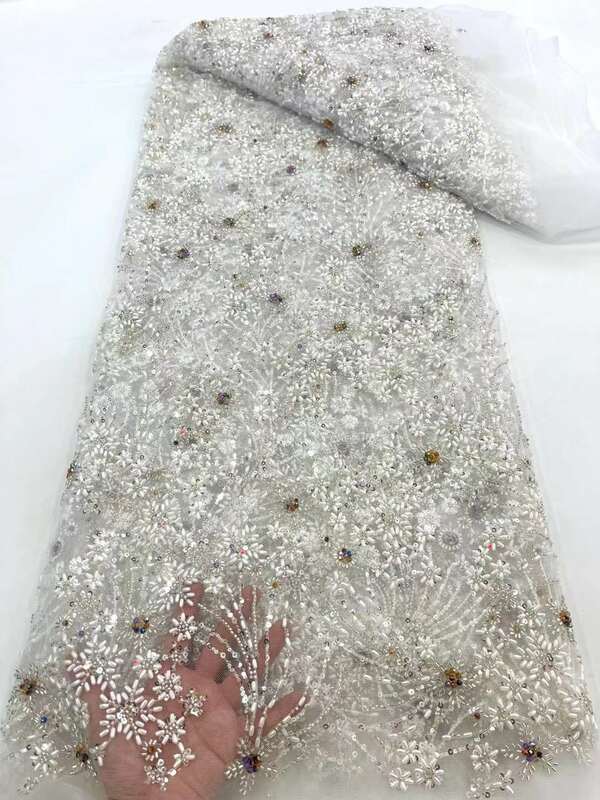 2023 hochwertige bestickte französische lila Farbe 3d Steine Perlen Netz afrikanische Pailletten Perlen Tüll Spitze Stoff für Hochzeit xc75yn