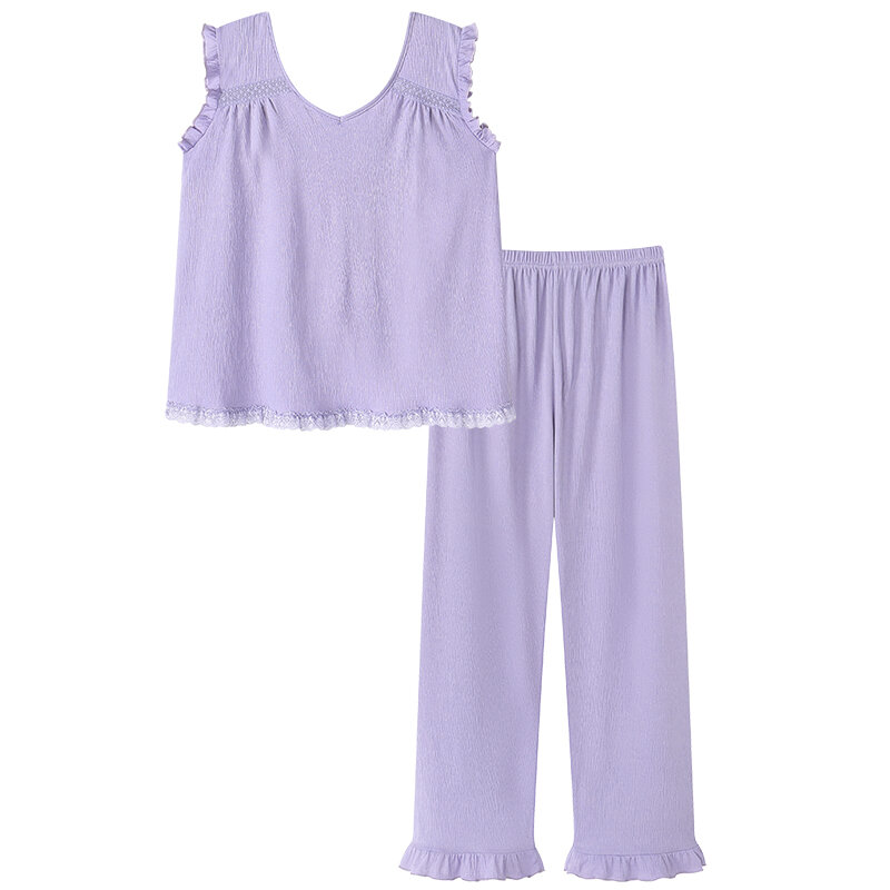 Women Vest Tops + Long Pants Pajamas Set Big Yards 4XL,3XL Summer V-Neck Lace Homewear Sleeveless Cotton Sleepwear Female Pyjama