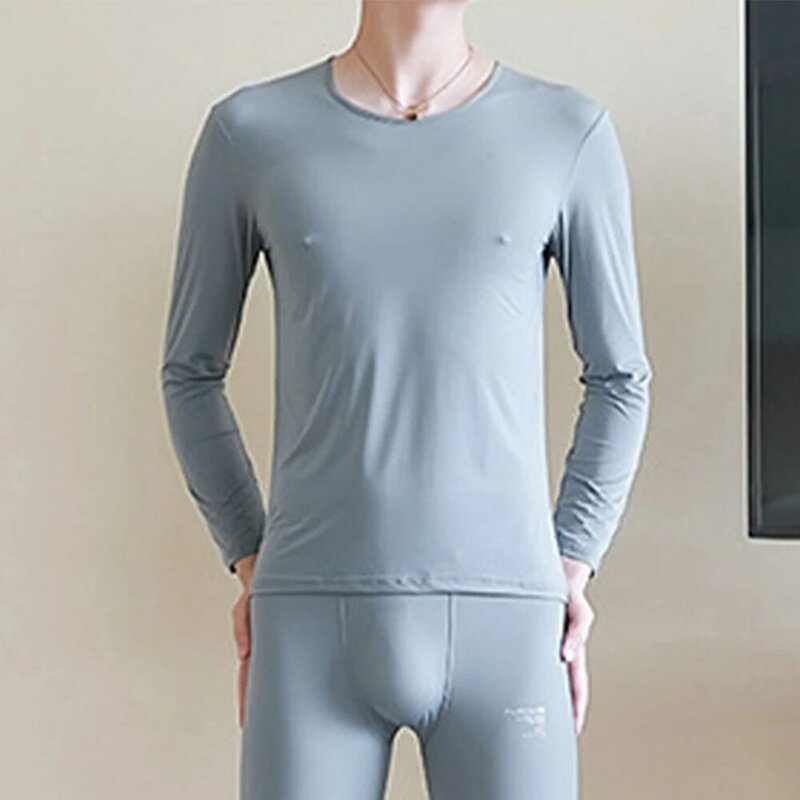 Solid Color Men Thermal Underwear Tops Ice Silk Seamless Long Johns T-Shirt Nightwear Elastic Ultra Thin Lingerie Tops For Man