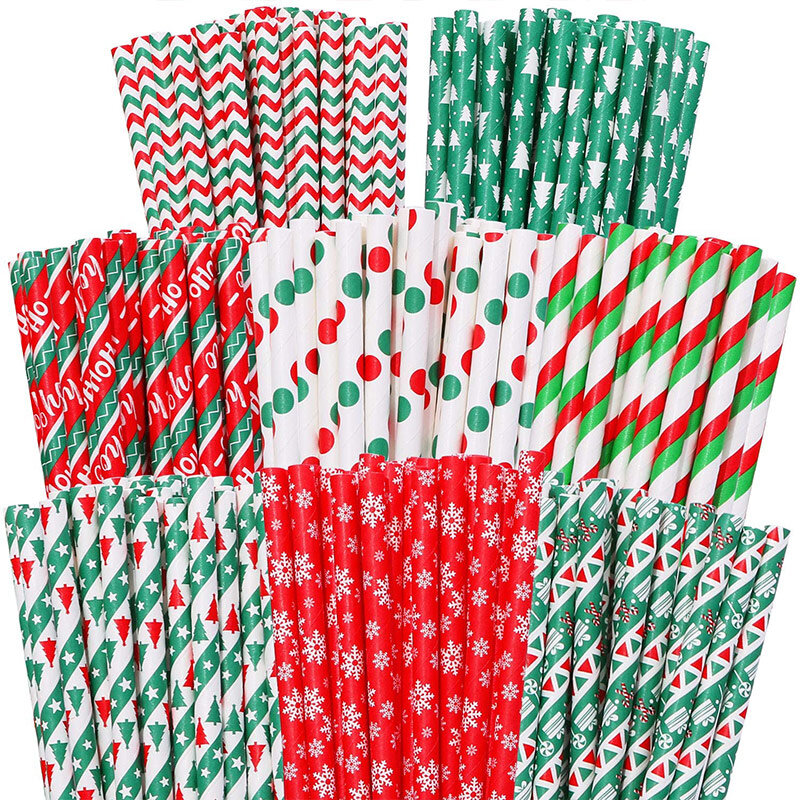 25Pcs Christmas Paper Straw Multi-Colored Print Disposable Paper Drinking Straws Home Xmas New Year Party Supplies