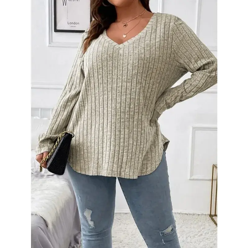 Autumn and Winter Women's New Blouse Eleganct Solid Sexy Femme V-neck Long Sleeve Loose Pullover Striped T-shirt Office Ladies