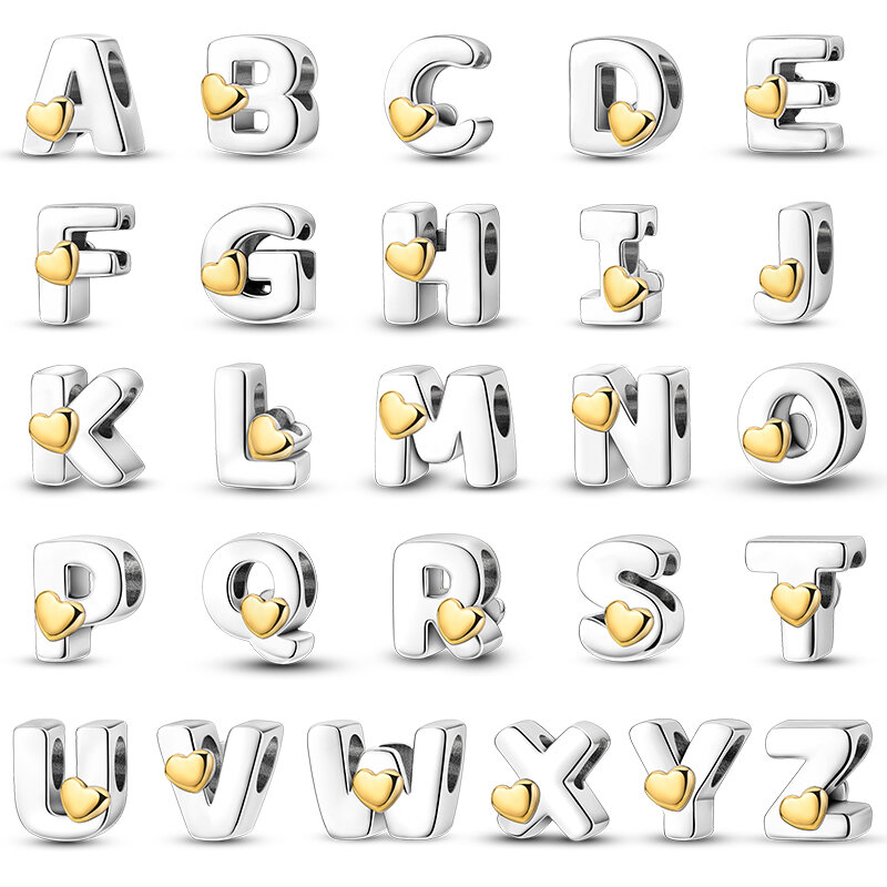 Abalorios de plata de ley 2024 con forma de Corazón Dorado, 26 letras del alfabeto, compatible con pulseras Pandora, joyería artesanal de cumpleaños de la suerte, 925