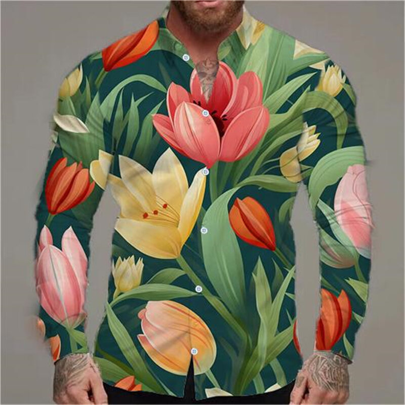 Kemeja lengan panjang pola Hawaii 2024, baju atasan blus kerah, baju liburan kasual motif bunga untuk pria