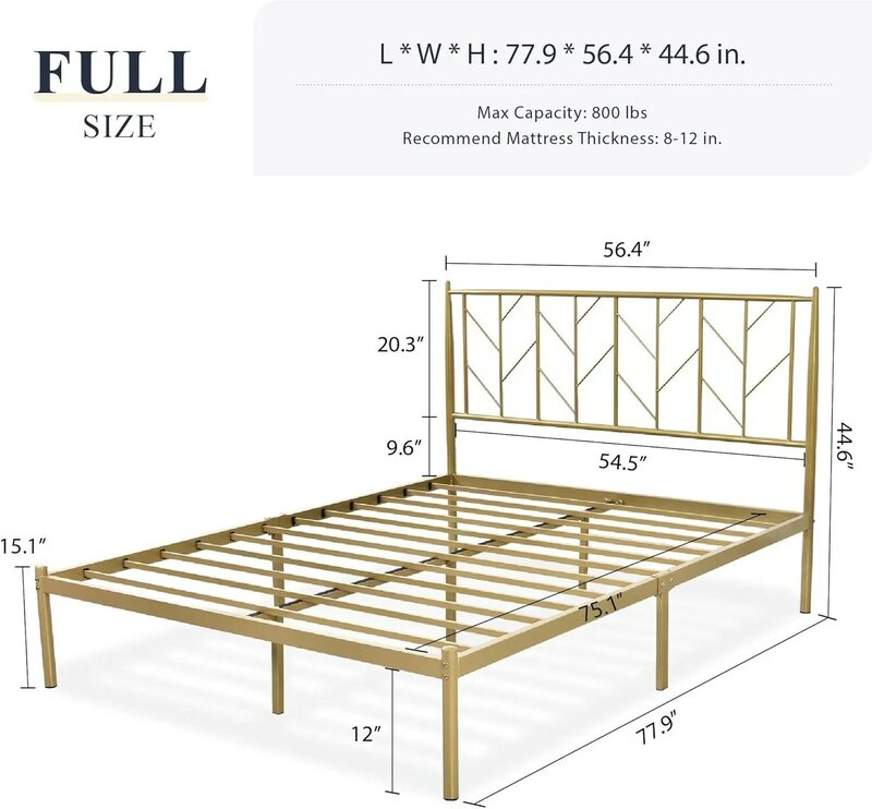 Platform bed frame, vintage headboard, 14-inch metal mattress base storage, no need for box springs, easy assembly, modern, gold