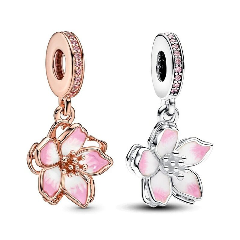 Gelang Pandora bunga sakura putar jimat menjuntai asli DIY pembuatan perhiasan bunga wanita musim semi 2024 baru