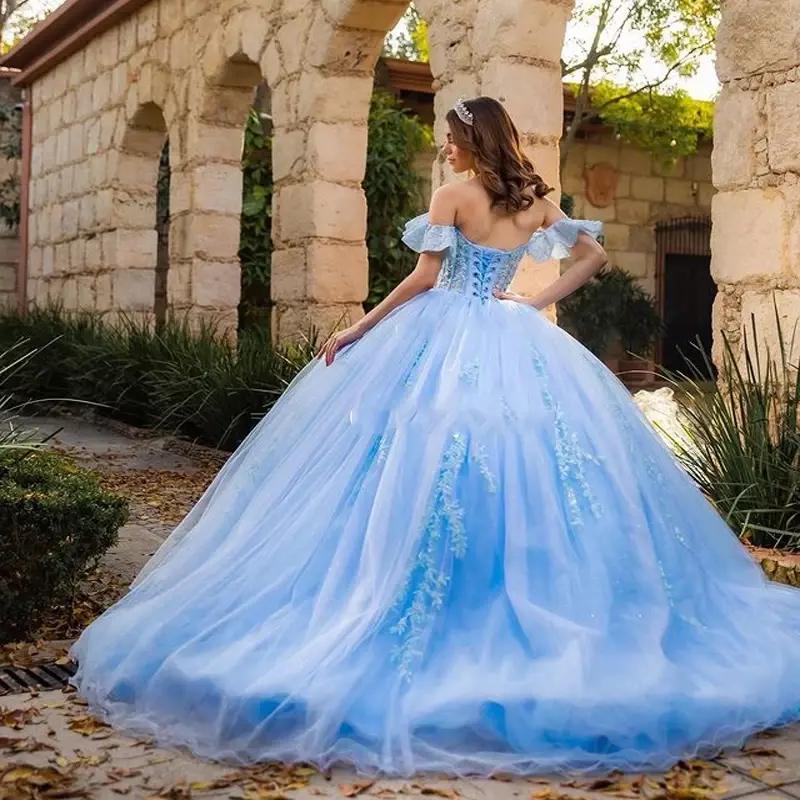 Vestido azul cielo De quinceañera, apliques De cuentas De encaje, diamantes De imitación, vestido De princesa para cumpleaños De 15 Años, 2024