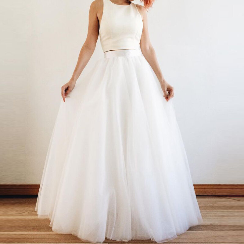 Damska biała tiulowa długa spódnica wysokiej talii 5 warstw piętro długość spódnice dla pań w stylu Vintage suknia ślubna dla nowożeńców kobiet plisowana spódnica