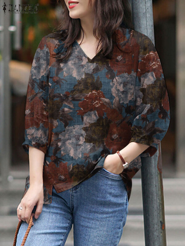 ZANZEA Spring Fashion Floral Printed Blouse Female Casual Street Shirt 3/4 Sleeve V-Neck Tunic Tops Vintage Loose Blusas Mujer
