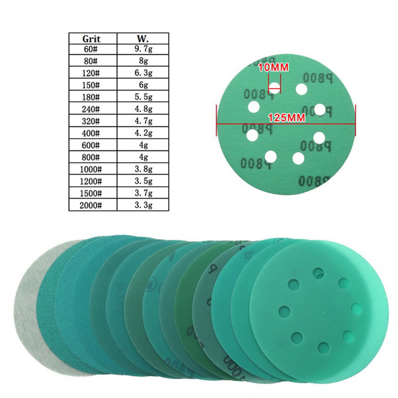 Dischi abrasivi a 8 fori da 5 pollici Hook & Loop Wet Dry PET Film carta vetrata verde lucidatura strumento di lucidatura domestica accessori di ricambio