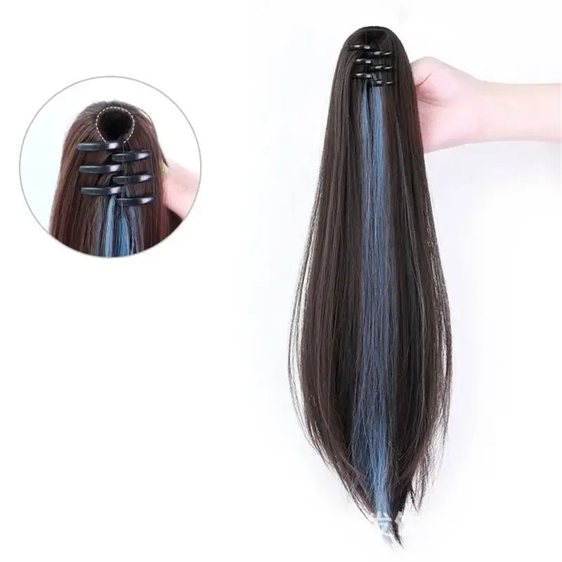 Y2K Women's Simulated Highlighted fluffy Straight High Horsetail Wig Grip clip hair Extensions 50cm