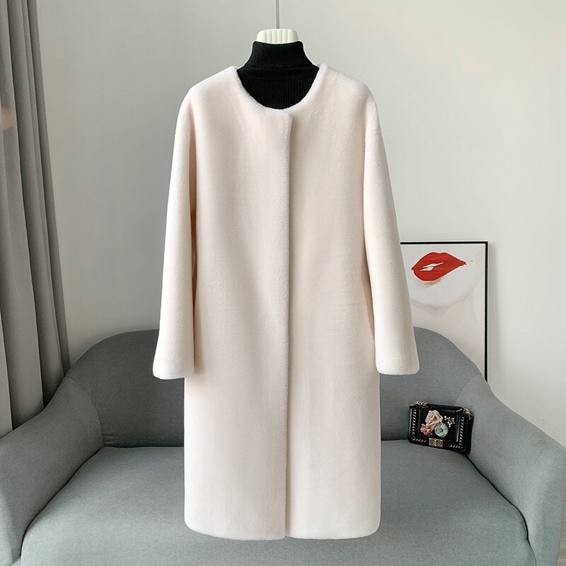 Jaket bulu domba wanita, mantel wol asli baru 2023, jaket bulu domba hangat panjang menengah gaya sederhana Parka JT411