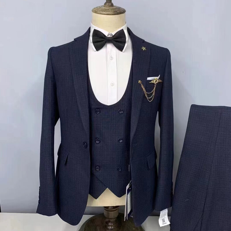 Xadrez pronto para usar pico lapela único breasted vestido de noiva noivo jaqueta colete calças de negócios inteligentes ternos masculinos casuais
