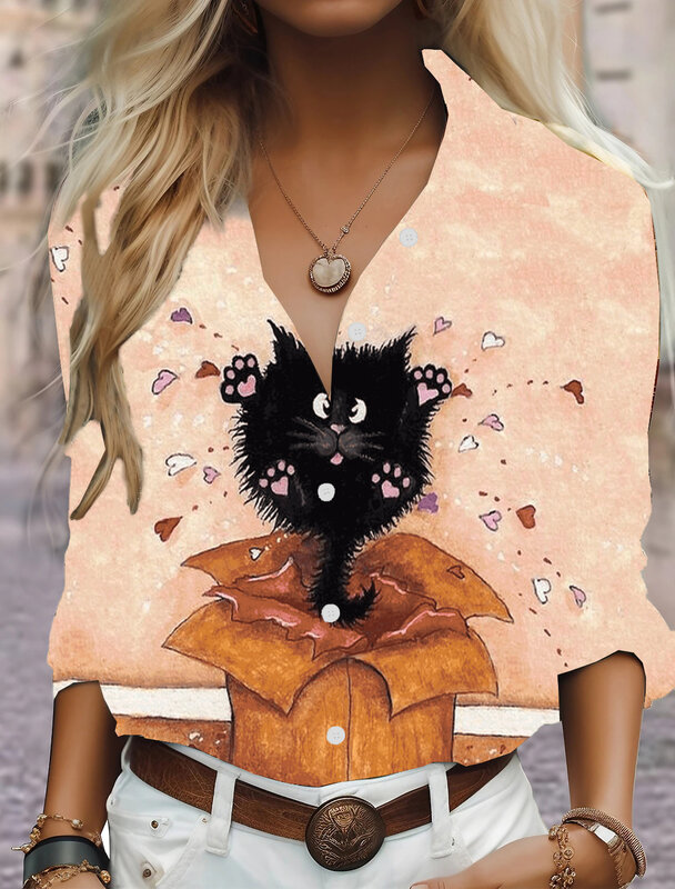 Camisa de manga larga con estampado de gato para mujer, ropa de uso diario cómoda y transpirable, diseño de botón informal, alta calidad, 2024