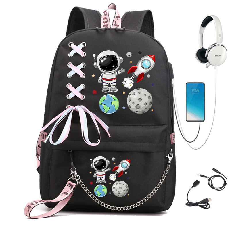 男の子と女の子のための宇宙飛行士のプリント付きラップトップバックパック,10代の女の子のためのランドセル,カワイイスタイル