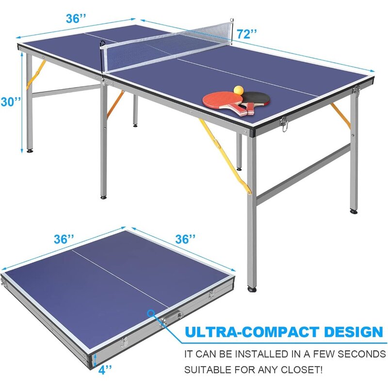 Juego de mesa de Ping Pong de tamaño medio de 6 pies, tenis de mesa portátil para interiores/exteriores con Red, 2 paletas y 3 bolas para una estabilidad óptima