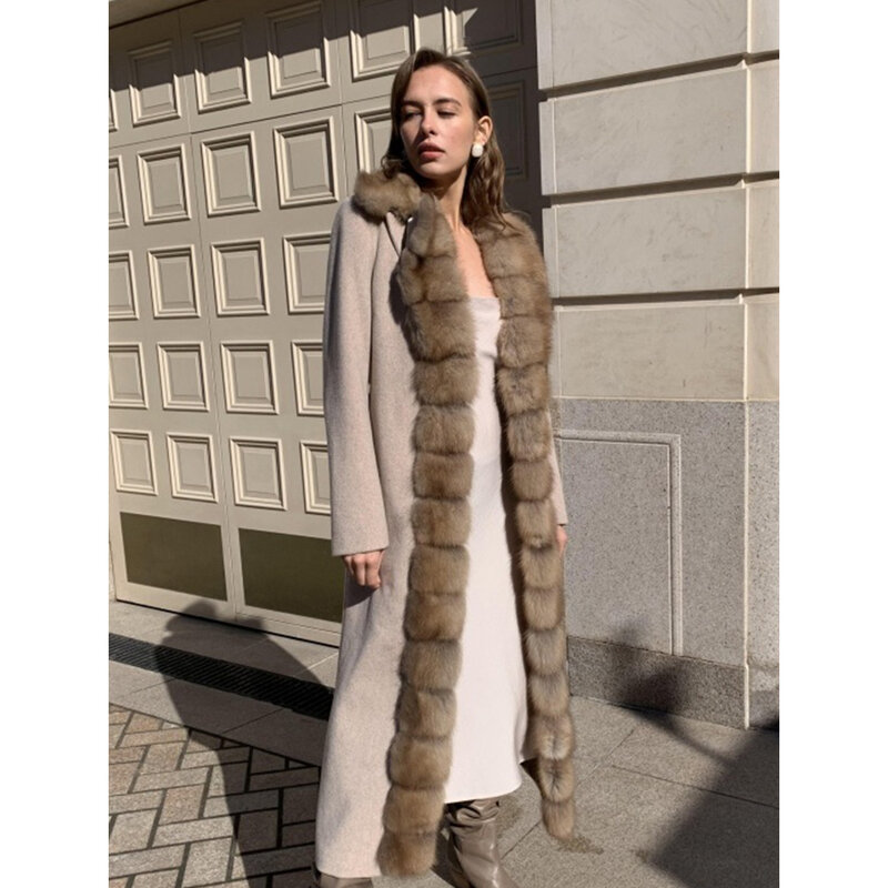 Casaco de lã feminino com gola de pele raposa real, jaquetas quentes de inverno, nova moda