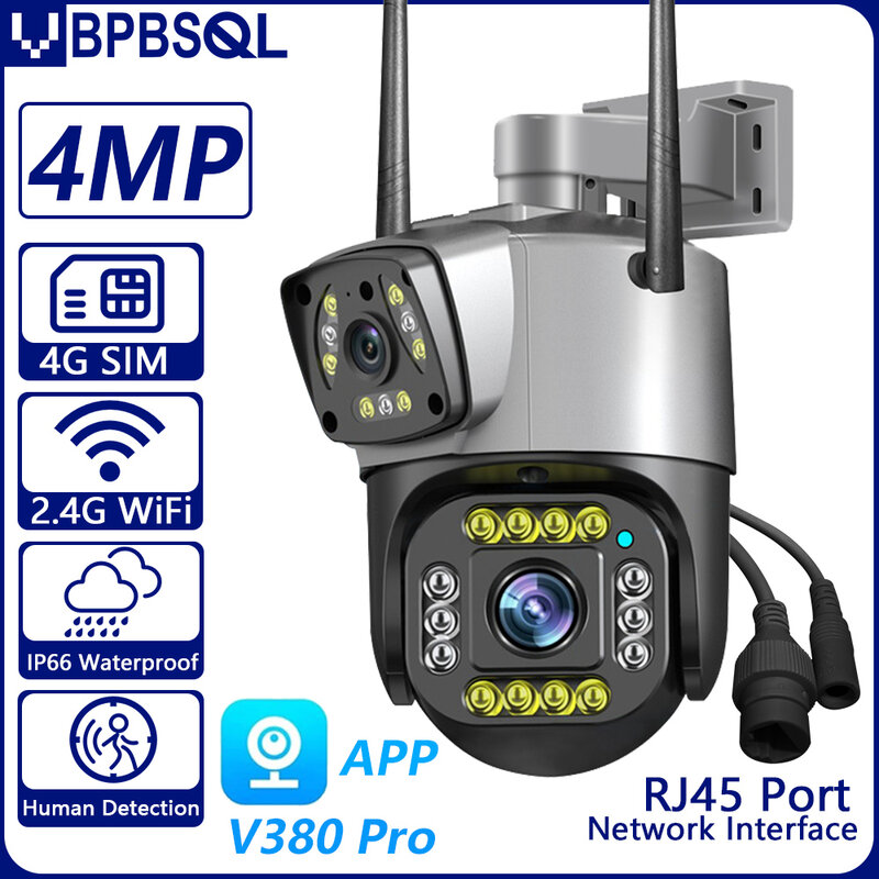 4MP 4G SIM card dual lens PTZ camera dual screen AI human tracking WIFI security closed-circuit television monitoring IP camera