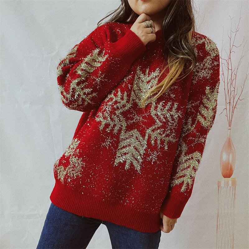 Sweater wanita motif Natal, Sweater kasual lengan panjang leher O, Pullover longgar, Sweater wanita perca, busana musim gugur 2022