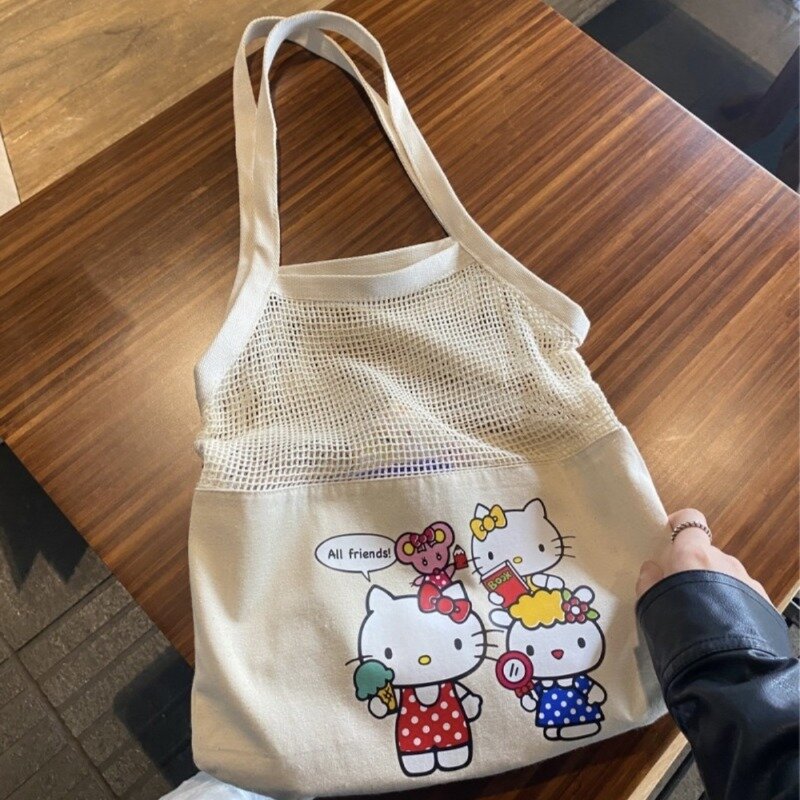 Bolsa de lona Hello Kitty para meninas, mochila crossbody, saco bonito, saco tecido de grande capacidade, férias de verão