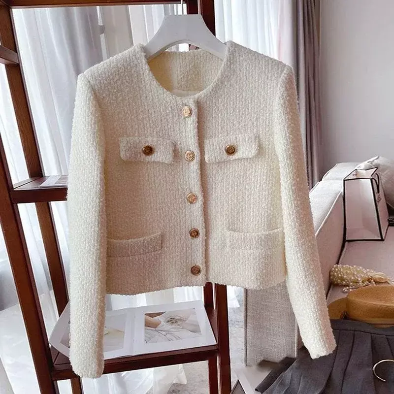 2024 New Korean Chic Female Tweed Basic Button Up Jacket Coat Women Autumn Winter Clothing Runway Style Woolen Outerwear