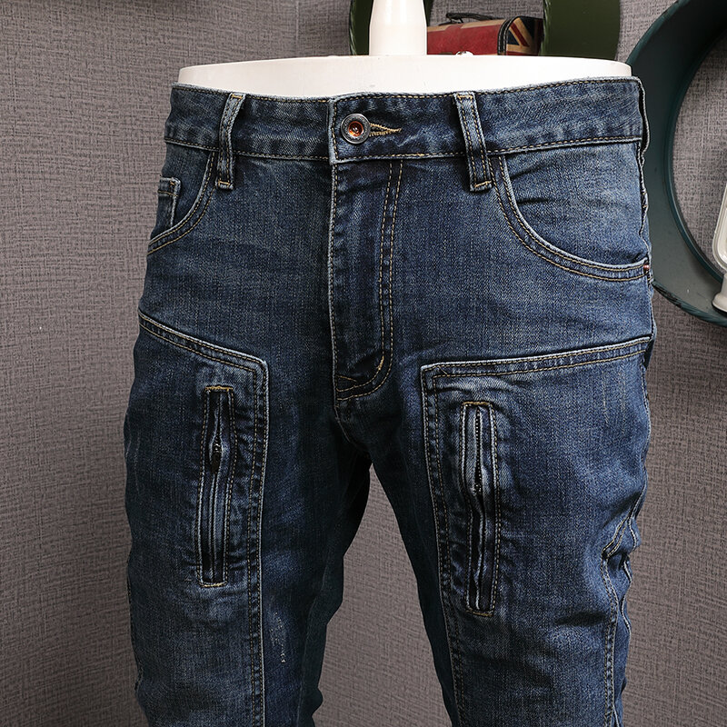 Streetwear Faashion męskie jeansy niebieskie w stylu Retro rozciągliwe dopasowanie dopasowane łączone jeansy dla motocyklistów Homme Zipper Designer Hip Hop poszarpane spodnie Hombre