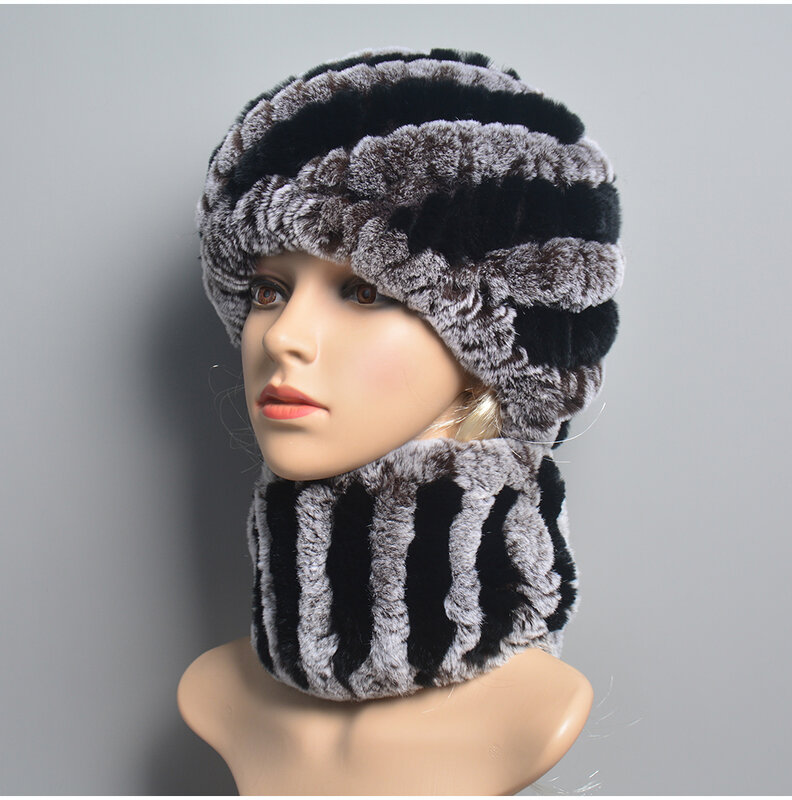Women Knit Real Rex Rabbit Fur Hat Scarf Sets Natural Warm Rex Rabbit Fur Scarves Hat Winter Lady Real Rex Rabbit Fur Hat Scarf